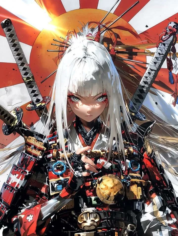 杰作、最佳画质、超精细动漫插画，凶猛的女武士战士，低角度英雄肖像，居中构图，锐利红色眼线勾勒的明亮有神眼睛，皮肤苍白，长白发或黑发，发丝飘逸且配有华丽发饰，身着高度精细的未来风格…