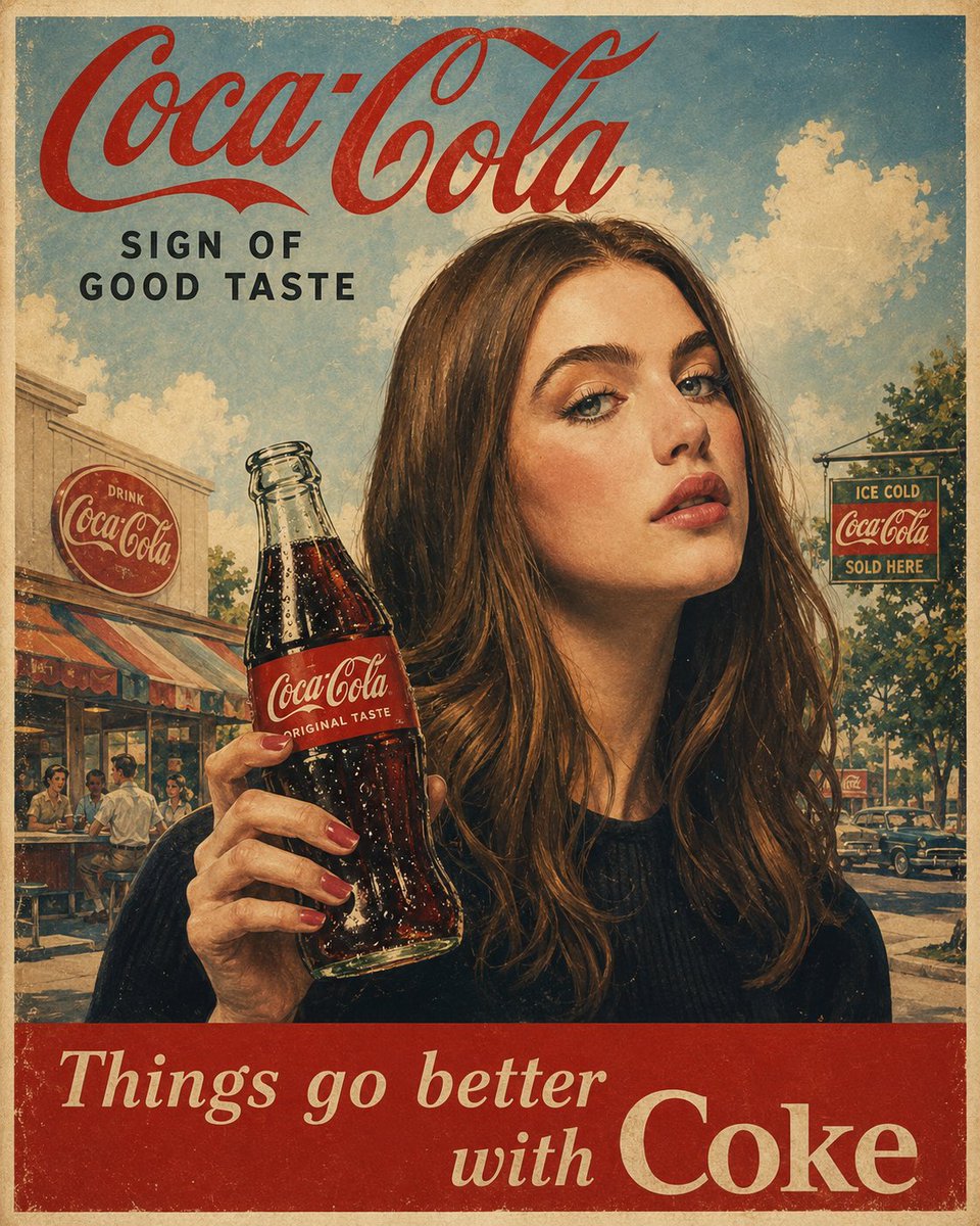 原汁原味的1960年代美国广告海报，[COCA COLA]，复古中世纪商业插画，[woman]手持一罐冰爽的玻璃瓶装[COCA COLA]，明快乐观的生活方式…