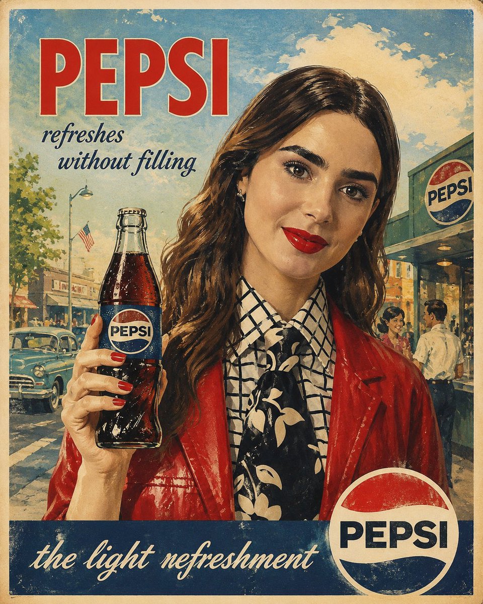 原汁原味的1960年代美国广告海报，[COCA COLA]，复古中世纪商业插画，[woman]手持一罐冰爽的玻璃瓶装[COCA COLA]，明快乐观的生活方式场景，怀旧的美式风情…