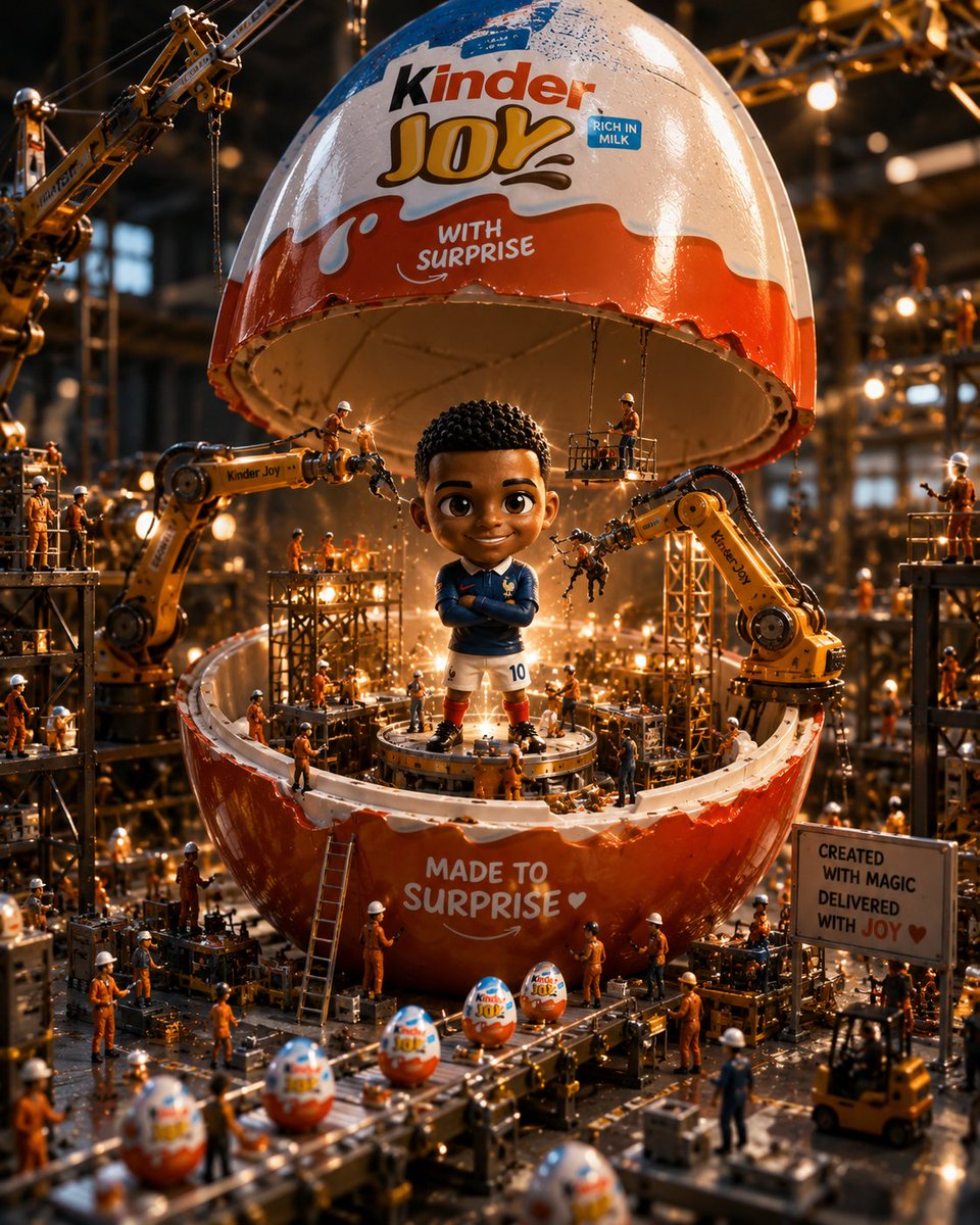 创作一幅超写实、搞笑且高品质的“Kinder Joy 收藏家版”广告，画面中包含 [Uploaded Character Reference]。 在一个超写实的迷你玩具工厂里，摆…
