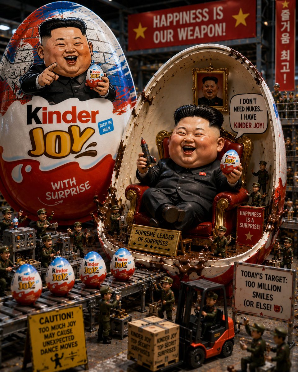 创作一幅超写实、搞笑且高品质的“Kinder Joy 收藏家版”广告，画面中包含 [Uploaded Character Reference]。 在一个超写实的迷你玩具工厂里，摆…