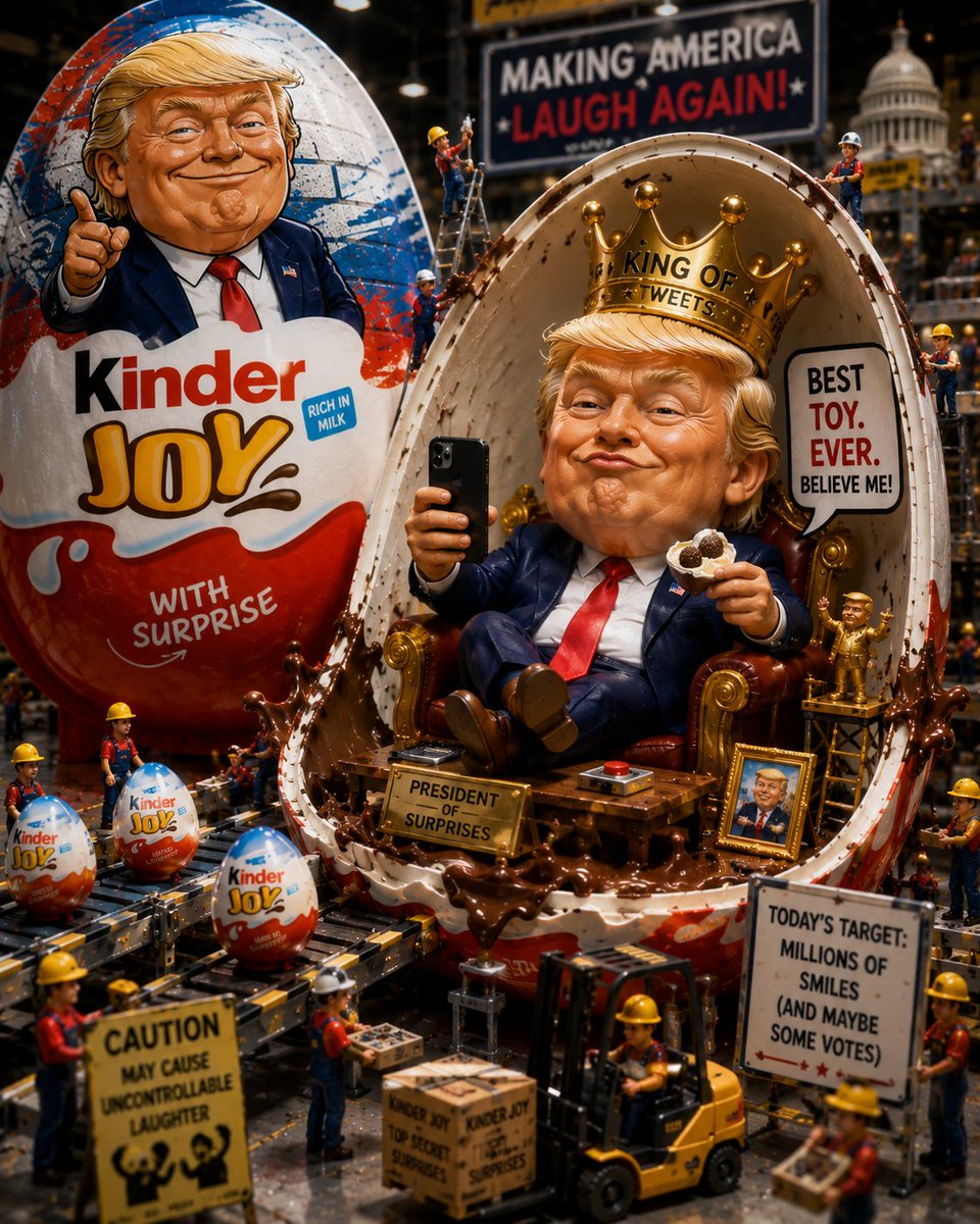 创作一幅超写实、搞笑且高品质的“Kinder Joy 收藏家版”广告，画面中包含 [Uploaded Character Reference]。 在一个超写实的迷你玩具工厂里，摆…