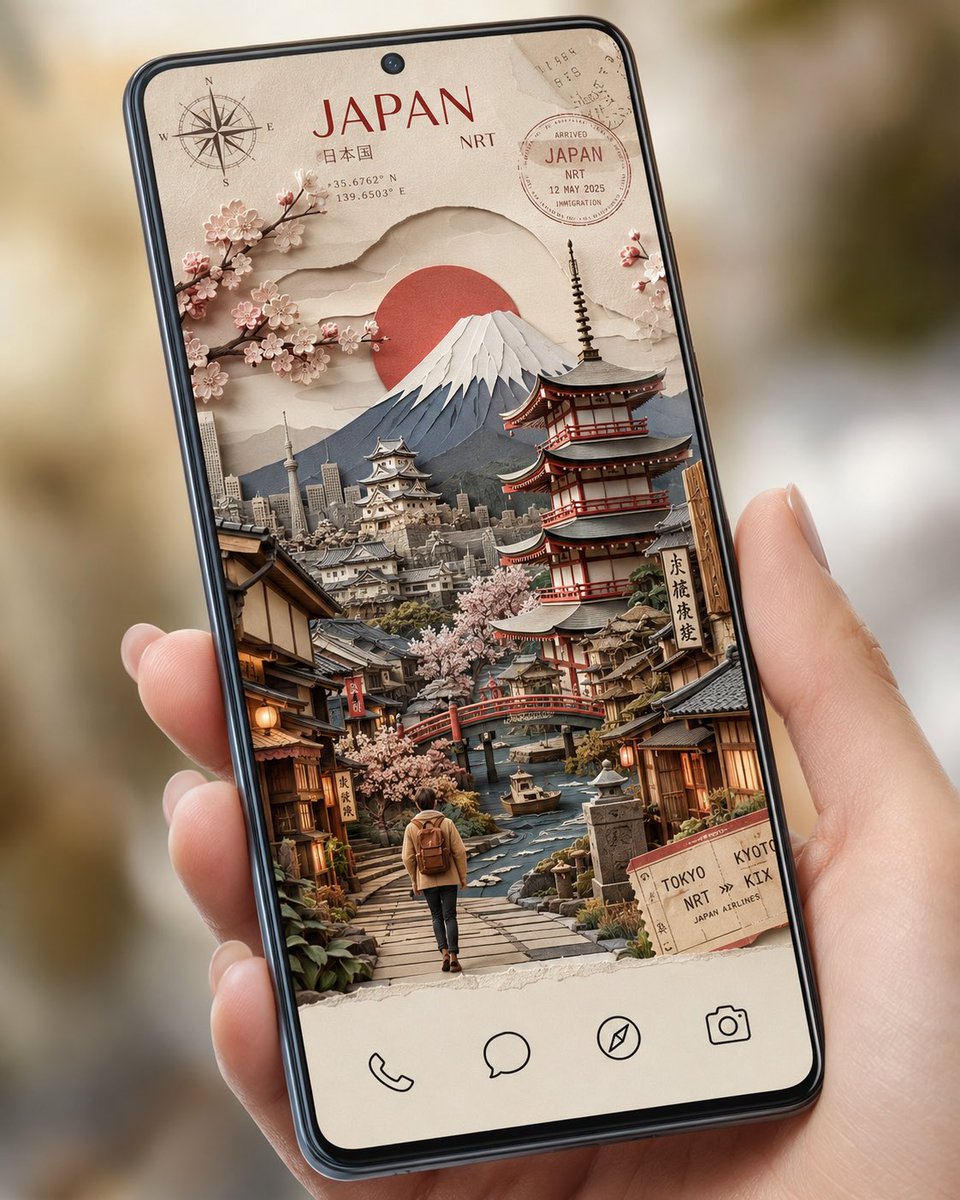 创建一个高级智能手机主屏幕壁纸，风格为高度精细的3D纸艺立体场景。 目的地为 [DESTINATION NAME]。 以分层剪纸艺术的形式展示该目的地最具标志…
