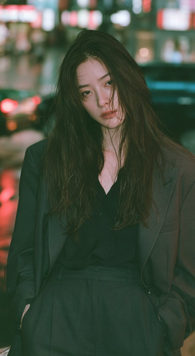 一位20多岁、妩媚动人的日本或韩国女性。娇小精致的身材，紧凑考究的比例，纤弱如偶像般的轮廓，优雅的小骨架气质。栗棕色湿感长波浪卷发，湿润分明的发丝。身穿整洁的…
