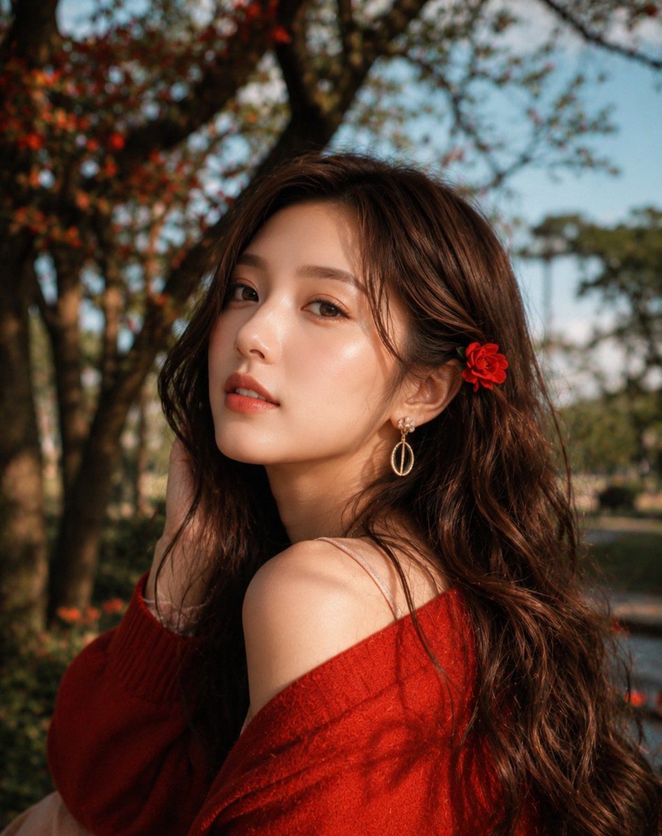 超写实 DSLR 人像摄影：一位美丽的年轻东亚女性在黄金时段坐在户外一棵盛开的树下，回眸直接望向镜头，神情平静而梦幻。她拥有自然波浪状的深棕色长发，垂落在背部…