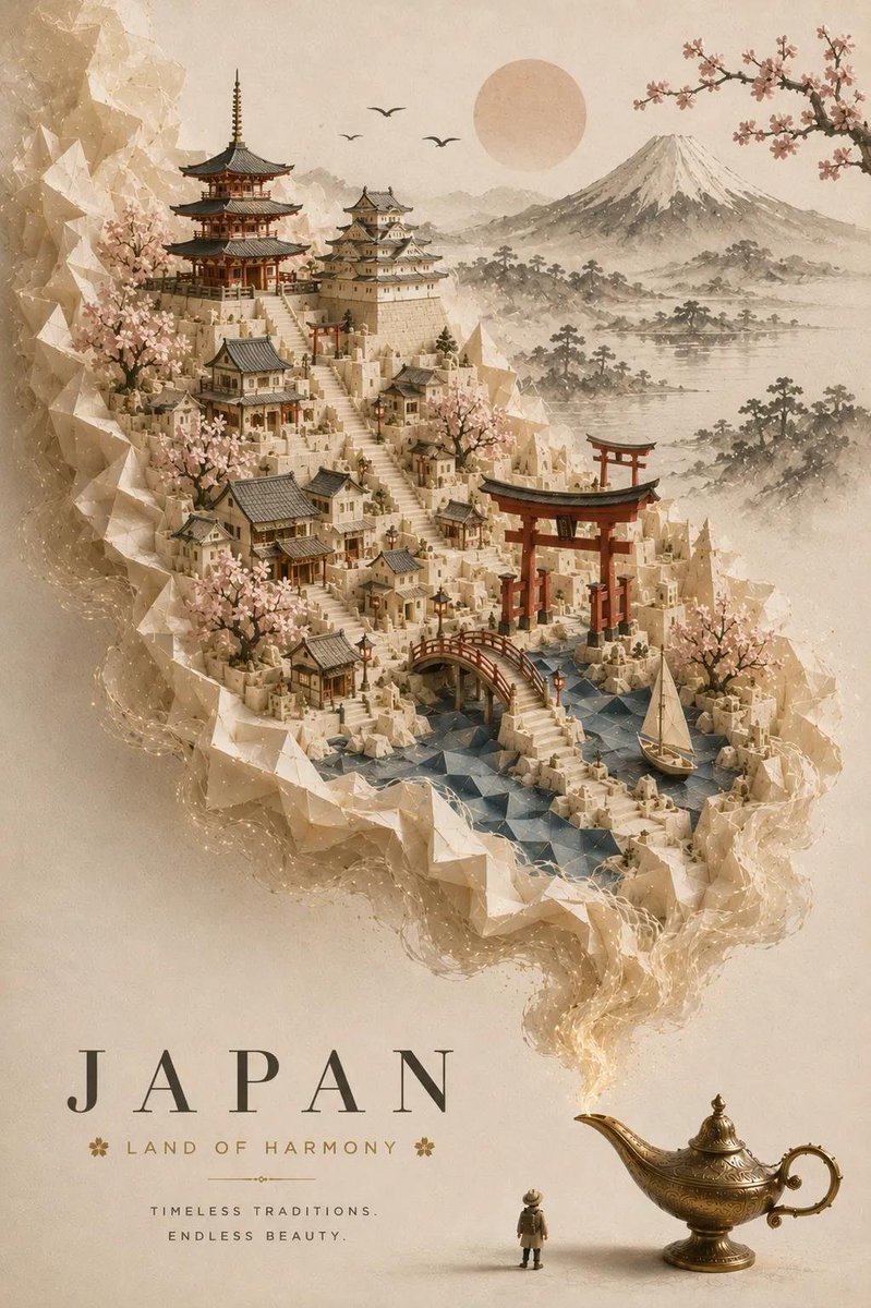 创作一幅优雅、高级感的旅行海报，画面右下角放置一盏华丽的古董黄铜神灯，散发着璀璨光芒的烟雾中浮现出[国家 / 城市 / 目的地]的神奇微缩世界。烟雾逐渐幻化成一个由纸张、石头和大…