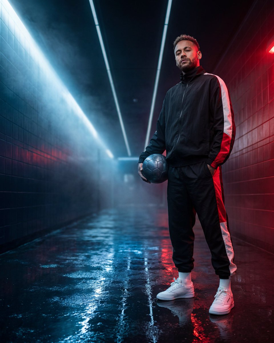 创建一张超电影感、超写实的足球主题编辑级人物肖像，主体为 [SUBJECT / FOOTBALL PLAYER]，必须严格保留上传参考图中主体的面部身份、面部比例、肤色、发型、发…