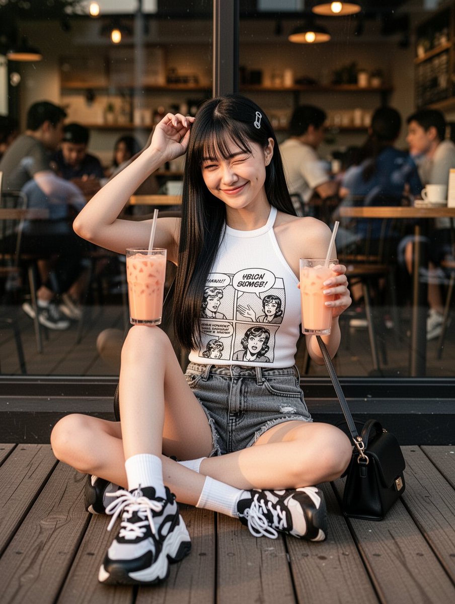 随性智能手机社交媒体照片，竖向 3:4。一名年轻女子随意地坐在一间木质咖啡馆露台上，身前是一扇大窗户，一只眼睛俏皮地眨眼、带着顽皮的笑容，留着配有小小发夹的黑…