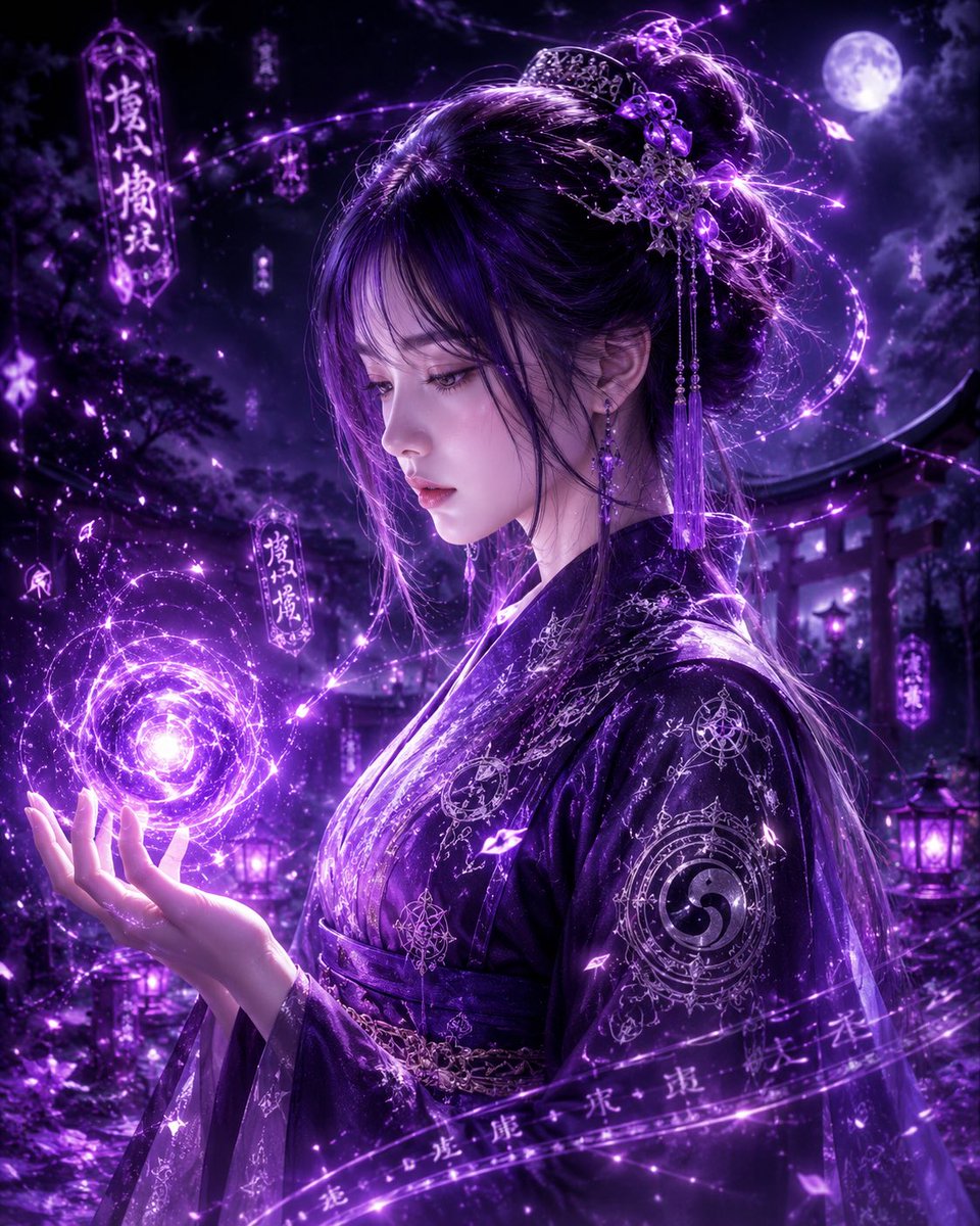 一位神秘東方陰陽師少女站立於夜色之中， 精緻絕美側臉， 白皙細膩肌膚， X色柔順長髮， 空氣瀏海， 低盤髮造型， 臉側自然垂落細碎髮絲， 冷靜而憂鬱的眼神， 精緻小巧鼻樑， 粉嫩…