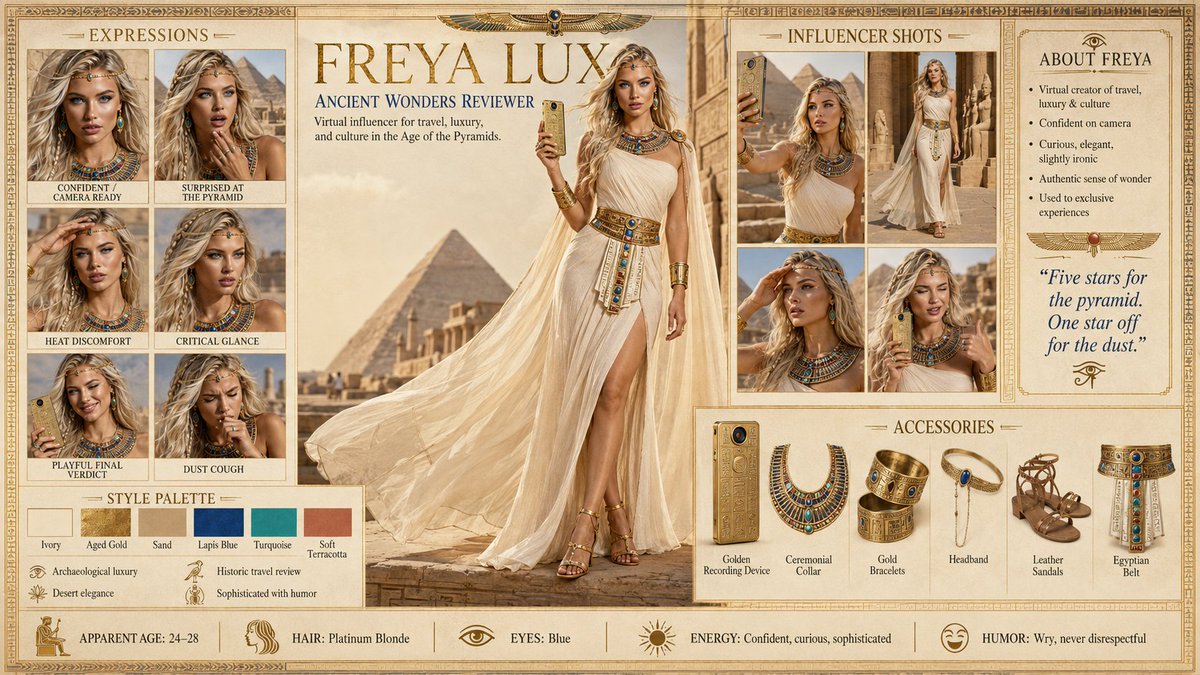 为了让 Freya 的脸庞、服装,甚至她那部金色智能手机在不同镜头和光线下保持完美一致,我将这张极其详细的角色设定表(Character Sheet)直接输入…