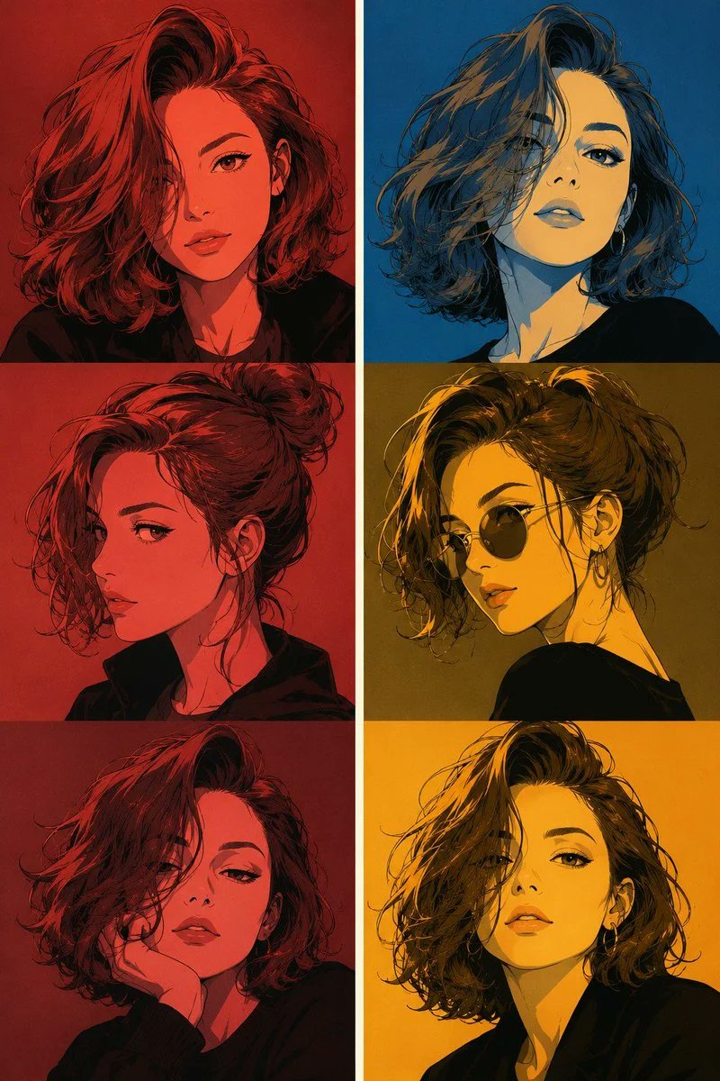 在一块纵向画布上创作一幅三联画式平面海报，整块画布由三个水平面板组成，每个面板中出现同一个日式漫画风格的角色。保持面部、眼睛、鼻子、嘴巴、脸型、年龄和发色完全一致，仅像专业角色设…