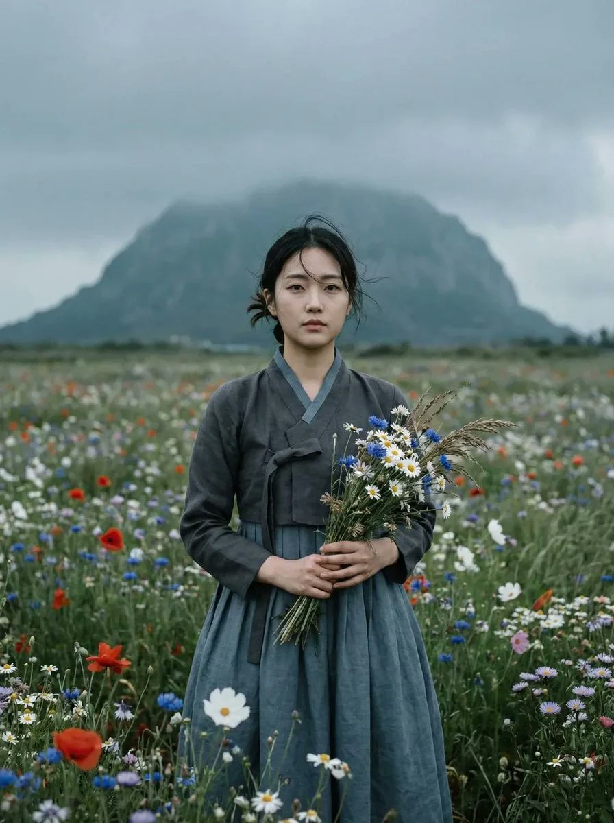 电影感超写实肖像：一位年轻东亚女性独自站在广阔的野花草地中央。画面中她居中，正面直视镜头，表情平静而内敛。她身着传统韩国韩服，色调为柔和的炭灰与淡蓝，面料质感自然，褶皱细腻。她的…