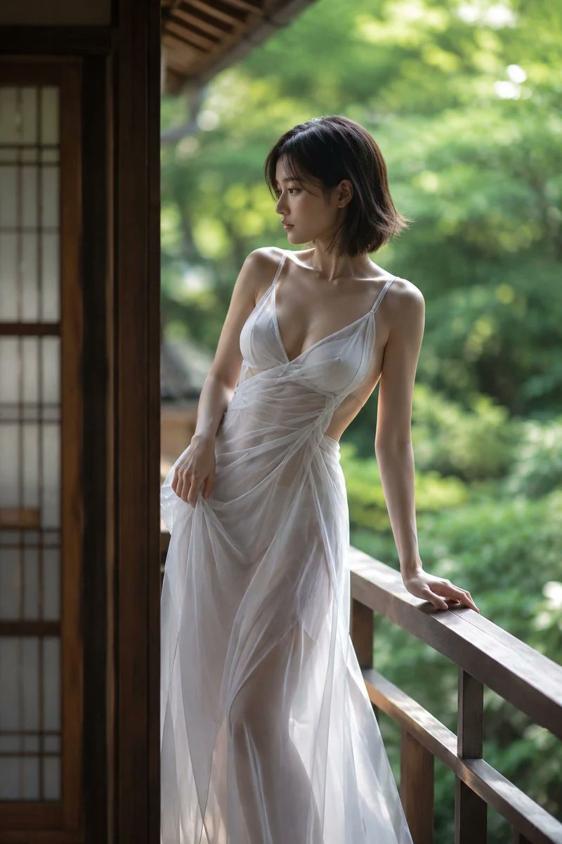 主題： 緑にほどける横顔 主体： 縦長4:5の写真。日本家屋の縁側に立つ20歳の成人女性を画面中央やや右に大きく配置。上半身から膝下までが画面の大部分を占め、左側には障子と木枠、…