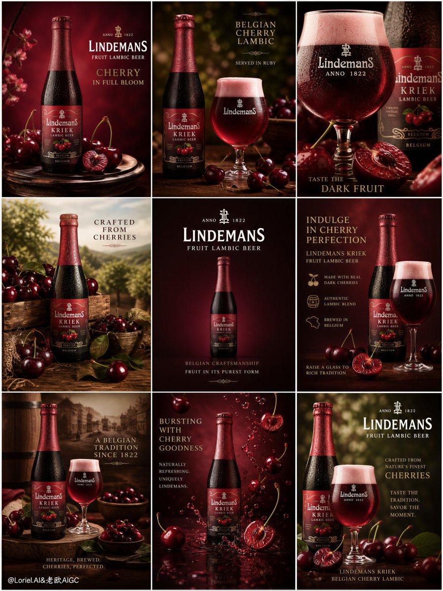 通用啤酒广告,伪造的 Lindemans 标签,产品设计不一致,玻璃杯细节粗糙,随机水果搭配盖过樱桃,画面板块杂乱,字体排版混乱,阴影浑浊发糊,黑色斑块,暗部噪点多,廉价超市传单…