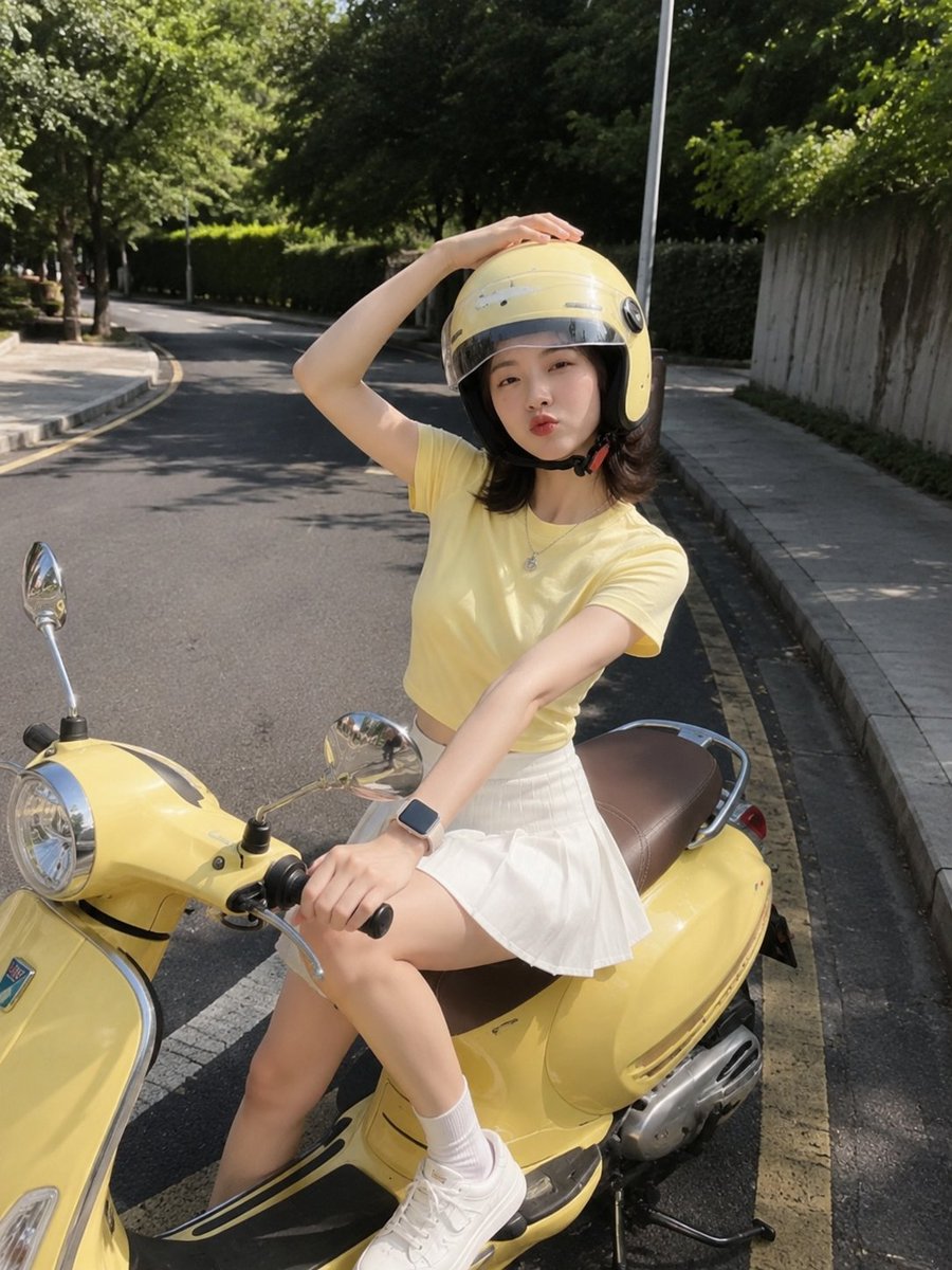 超写实的智能手机照片，看起来确实是手机拍摄的，而不是单反或 AI 渲染的。一位开朗的东亚年轻女子侧坐在一辆停在安静阳光道路上的柔和黄色复古风格踏板车上。她对着手机镜头灿烂地微笑…