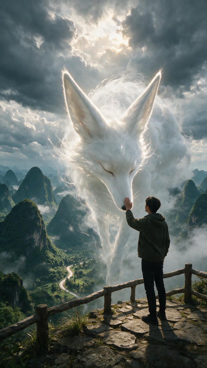 一个电影般的奇幻场景，采用略微偏低的过肩视角。一名孤独的年轻男子站在一个风化的石质山间观景台上，围有质朴的木质栏杆，镜头主要从其身后拍摄，他身穿深橄榄绿色的连…