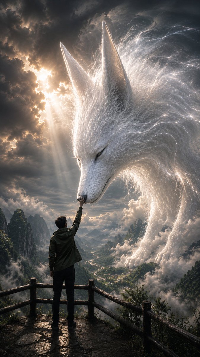 一个电影般的奇幻场景,采用略微偏低的过肩视角。一名孤独的年轻男子站在一个风化的石质山间观景台上,围有质朴的木质栏杆,镜头主要从其身后拍摄,他身穿深橄榄绿色的连帽夹克、黑色长裤和黑…