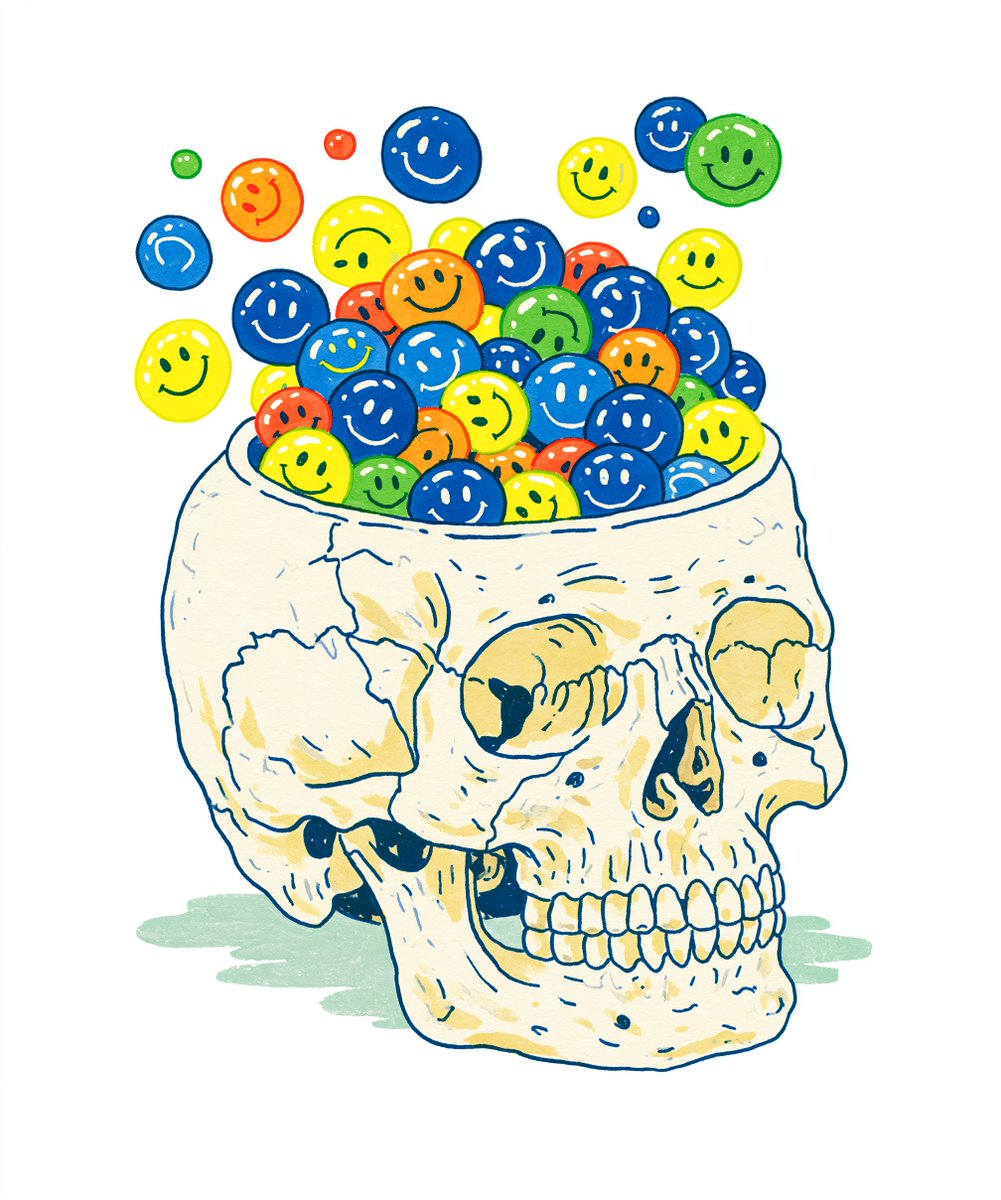 一幅高度精细的人体头骨插画，具有逼真的骨骼纹理、发丝般的细微裂纹以及完整清晰的下颌骨，呈四分之三视角。头骨顶部像盖子一样被干净利落地掀开，露出从颅腔中溢出的混乱一团色彩鲜艳、光泽…