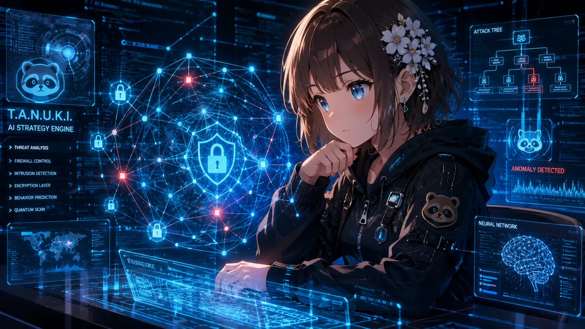 1girl, tanuki girl, cyber security, hacker, AI, strategy, thinking, serious exp…