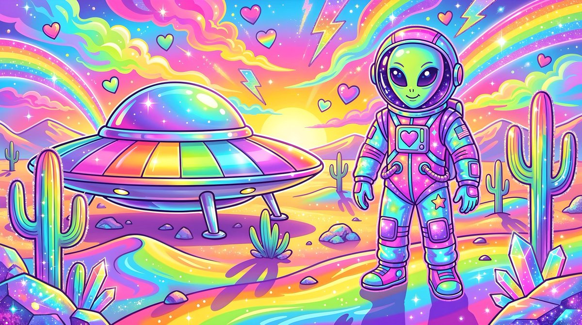一个孤独的外星人穿着复古银色太空服，站在他光滑的铬制飞碟旁，置身于广袤的沙漠中，前景是高大的仙人掌和散落的岩石，发光橙色和紫色的日落天空配以戏剧性的云彩，漫长…