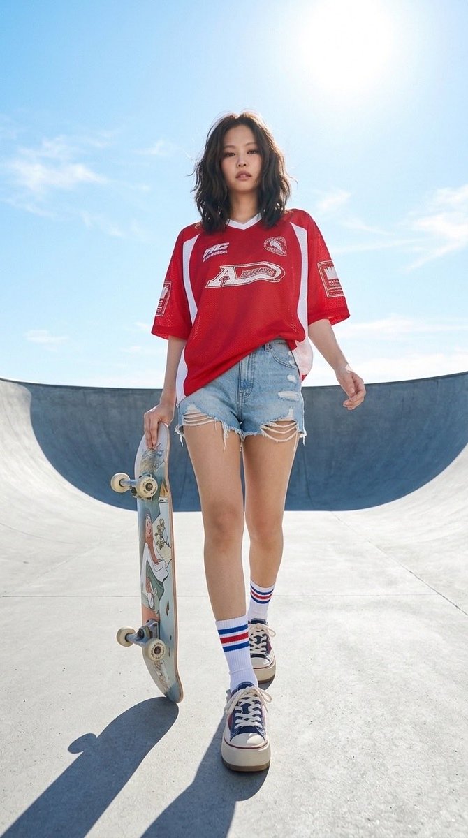 subject_and_outfit_formula:一位时尚的年轻东亚女性,神情自信且酷感十足,深色齐肩秀发被微风轻轻拂动。她身穿一件宽松的复古风格红色运动球衣,侧边带有白色拼…