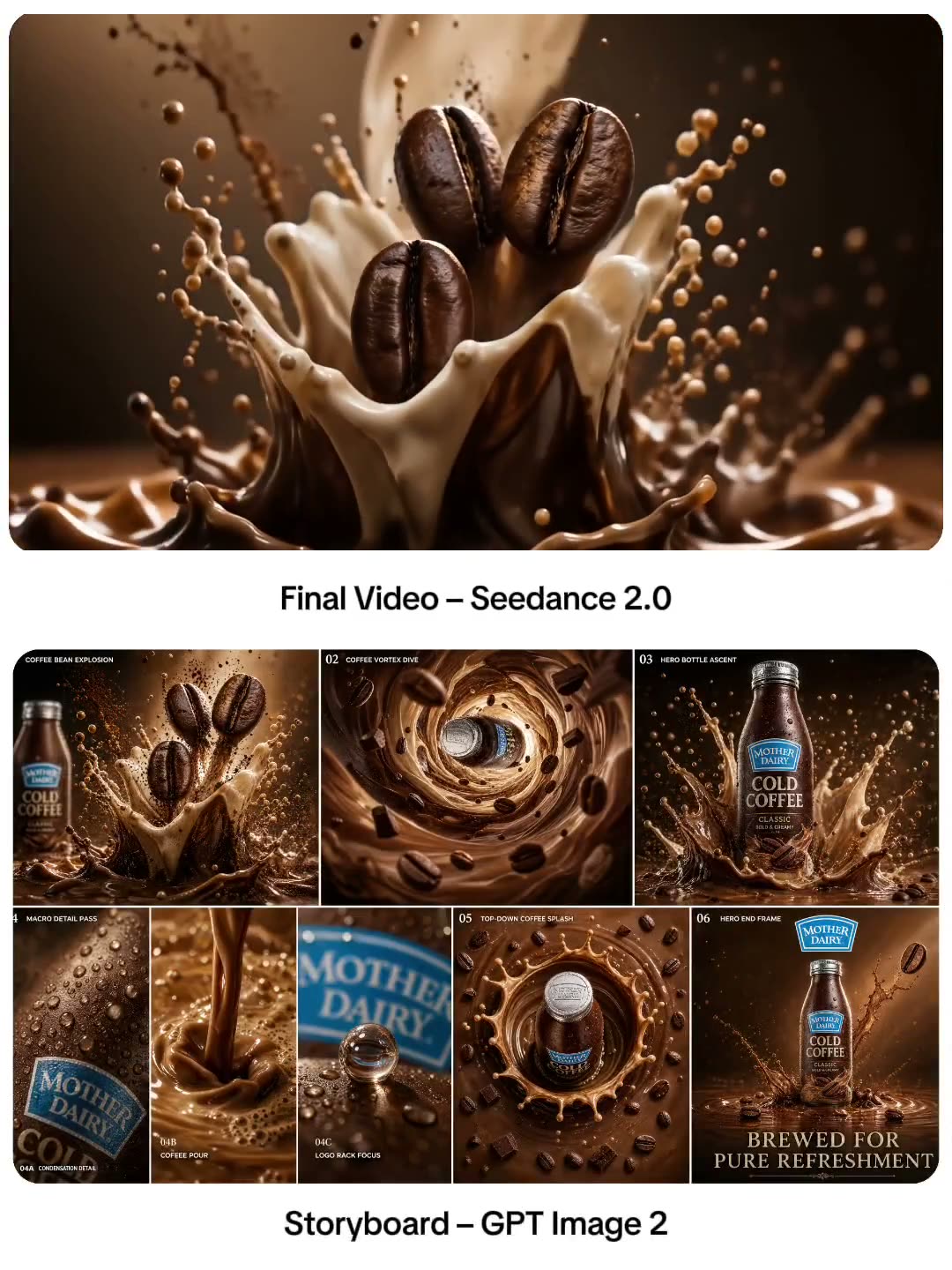 MOTHER DAIRY 冷咖啡,多面板产品单页 CGI/设计执行的视觉方向简报 PANEL 01 — 咖啡豆爆裂 (0.0s–2.0s) CAMERA: 极…
