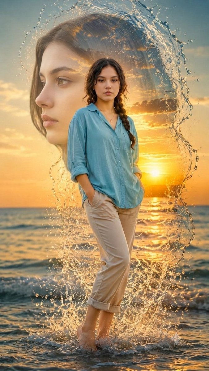 一幅美丽、超现实的双重曝光人像，主体为来自 image_1.png 的年轻女子。场景设定在宁静的海滩日落时分（黄金时刻），太阳低悬于地平线之上，在天空与海面营…
