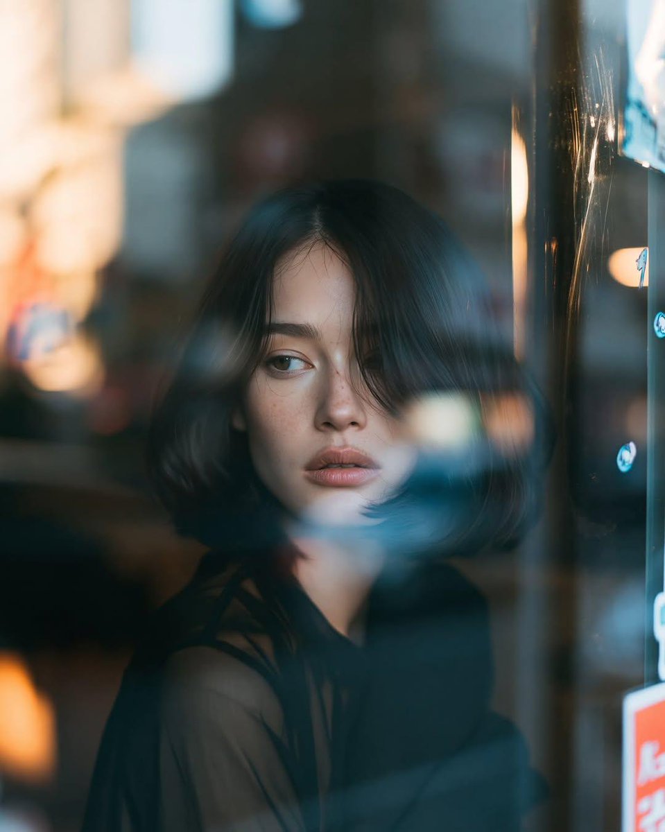 超电影感特写人像：一位年轻女子坐在幽暗的都市咖啡馆内，从室外隔着一块大反光玻璃窗拍摄。她留着利落的齐肩黑色中分波波头，柔软碎发自然垂落在脸颊，肤色白皙真实，带…