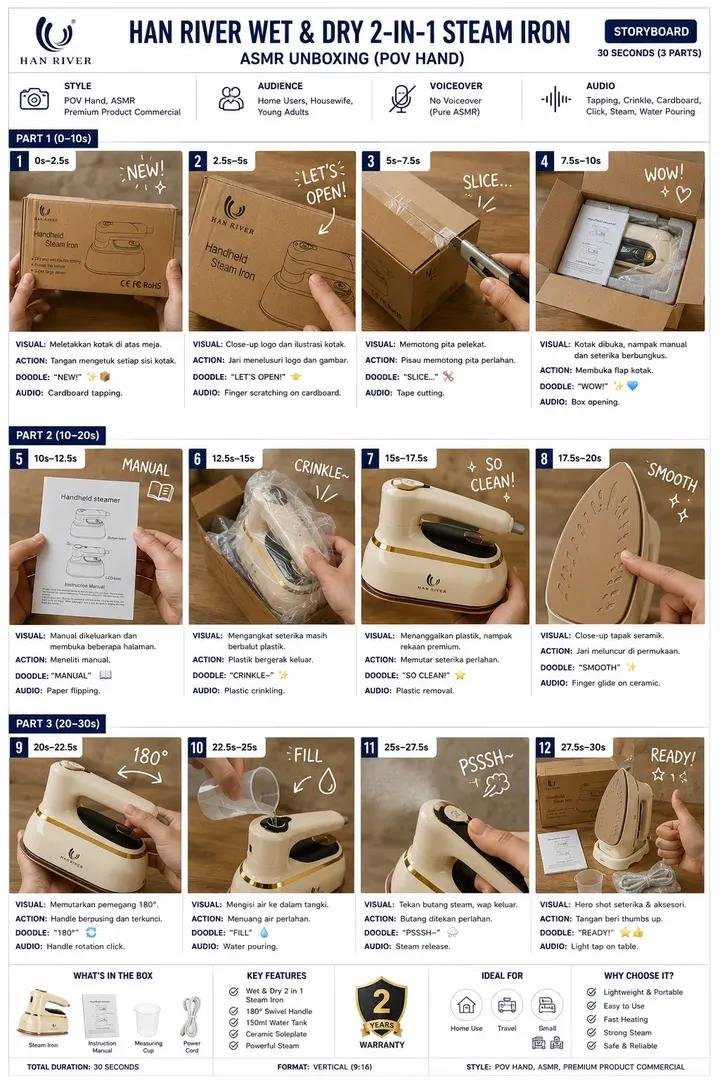 为产品ASMR开箱视频制作一张干净高级的分镜信息图。 设计规格： 背景：白色背景，现代简约布局。 顶部标题：STORYBOARD（分镜） 加粗深蓝色产品名称…