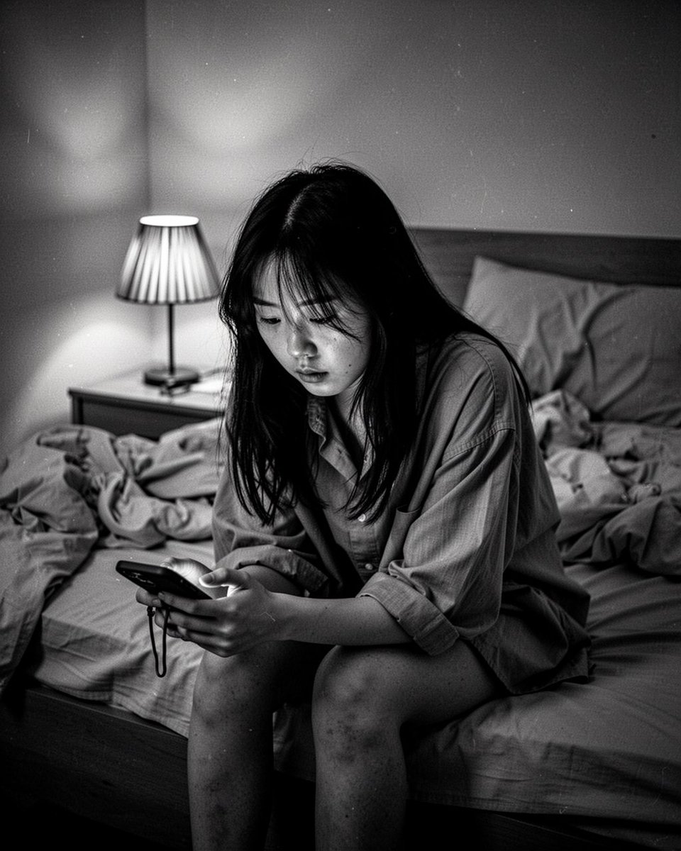 黑白电影感特写人像,85mm f/1.4,一位二十出头的年轻东亚女性坐在昏暗卧室一张未整理的床沿,身体微微前倾,双肘撑在膝上,一手松松握着手机,深色长发垂落遮住半边脸,身穿一件宽…