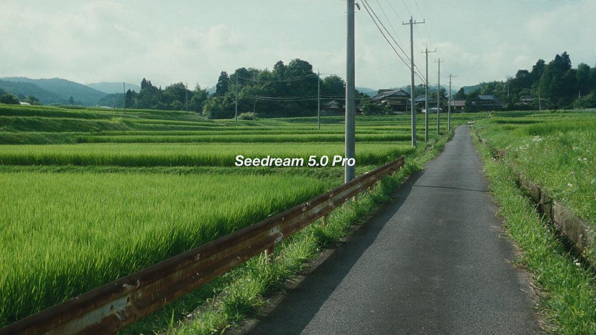 电影风格静态帧， 夏季日本乡村稻田景观， 沿狭窄农田道路拍摄的四分之三角度视角， 阴沉沉的淡色天空下翠绿色的稻田， 向远方延伸的电线杆， 去饱和度，略微偏冷的…