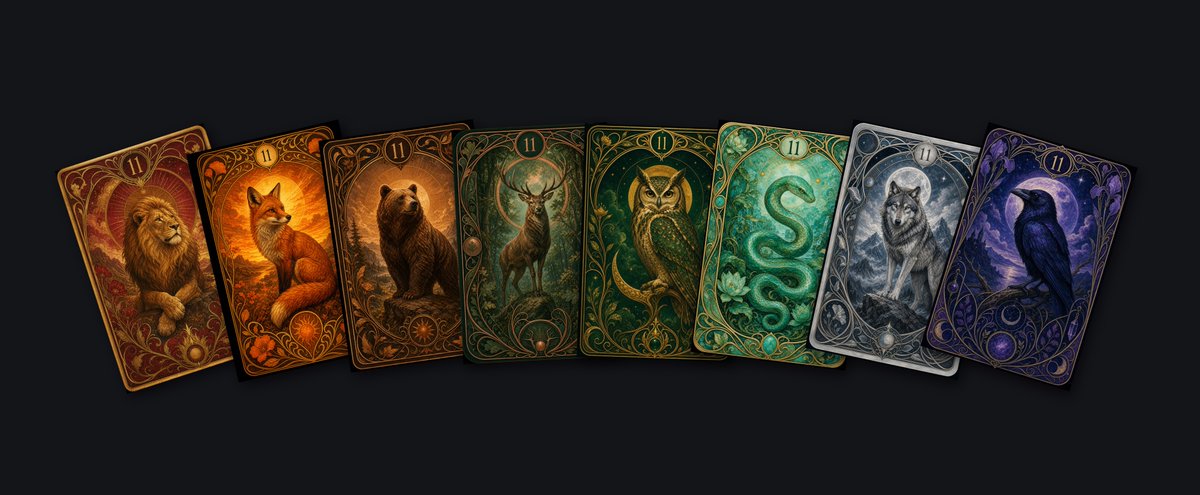一张塔罗牌。顶部数字：sum(3, 8)。中央动物：pick("wolf", "owl", "lion", "stag", "raven", "serpent", "bear"…