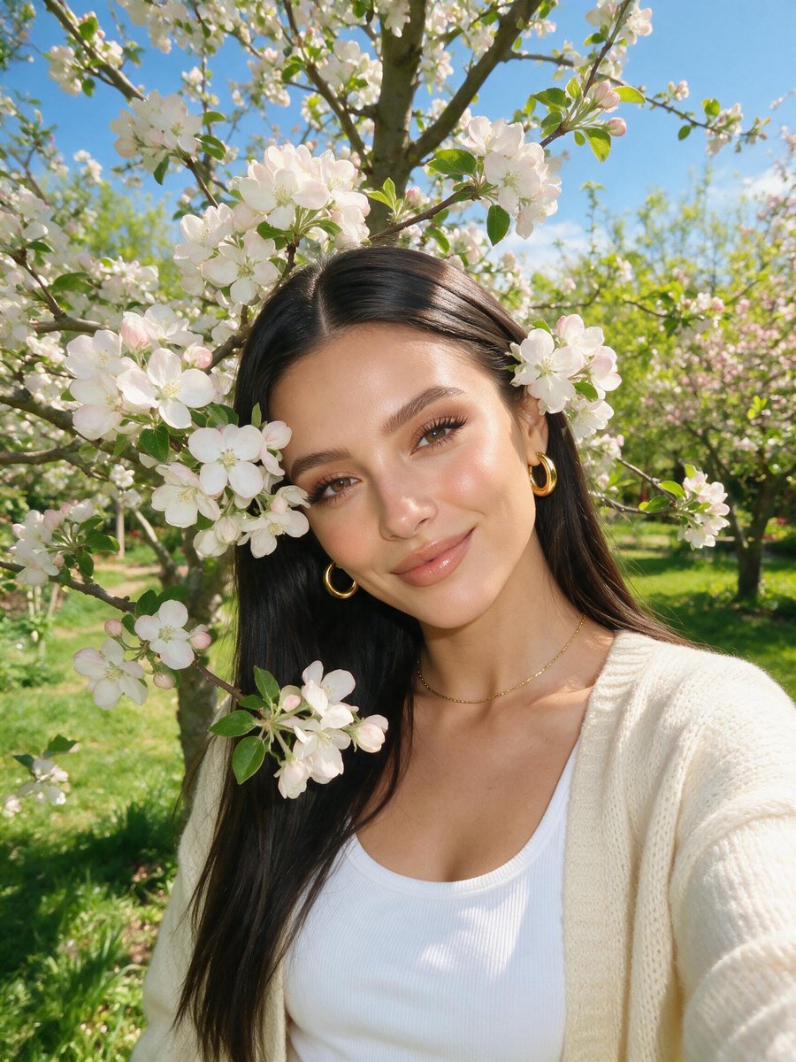 阳光下的户外自拍风格肖像：一位年轻女子站在盛开的苹果树下，白色与粉色的花朵点缀在画面中，部分花朵遮住她的脸庞。她将头轻轻倚在自己的肩膀上，以柔和而俏皮的笑容望向镜头。头发顺直长及…