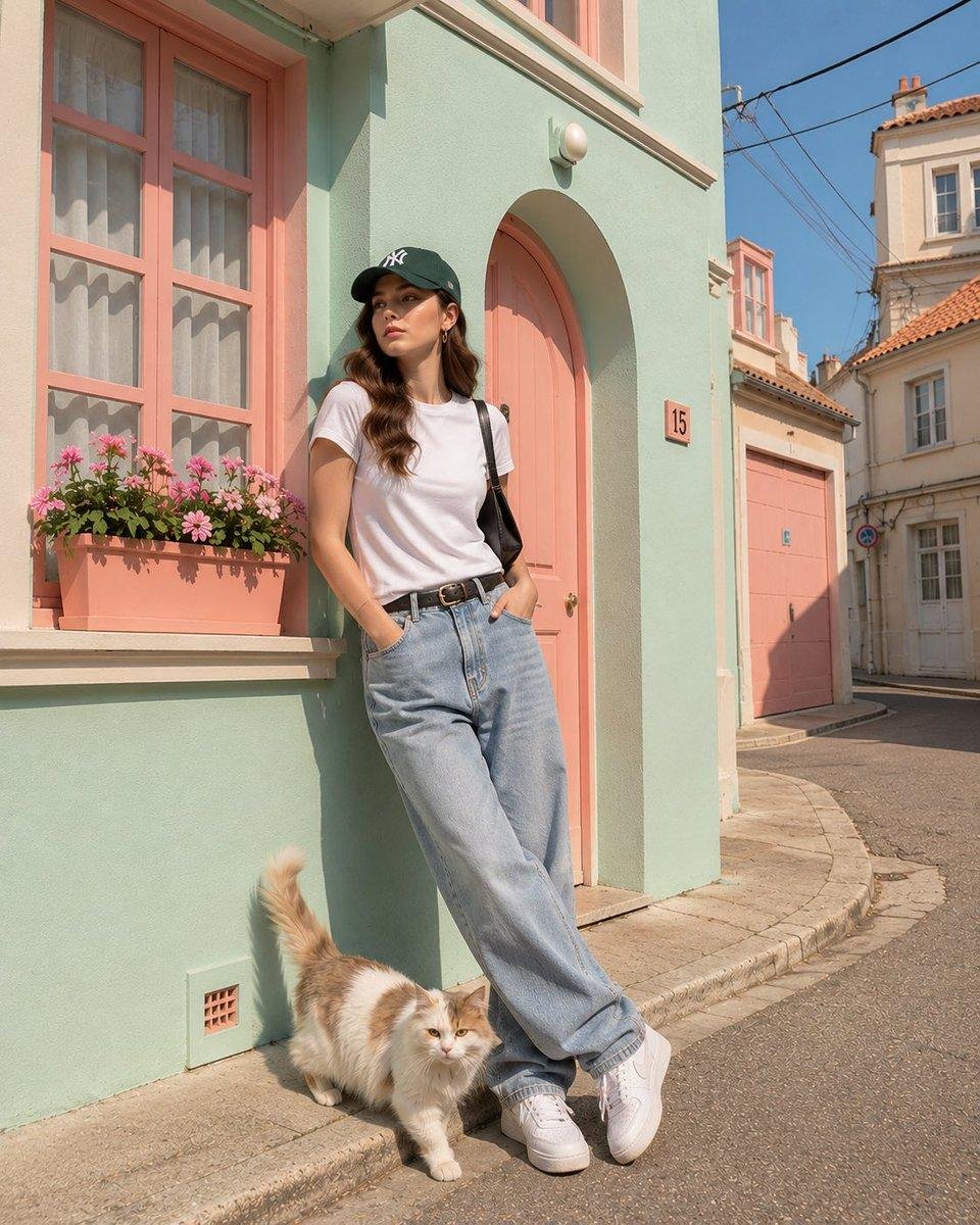 一张俏皮的粉彩色调编辑风格街拍照片，主题为[Human]穿着[Clothing]，与[Animal]在[House]前摆姿势，背景为[Scenery]。使用[Color Pale…