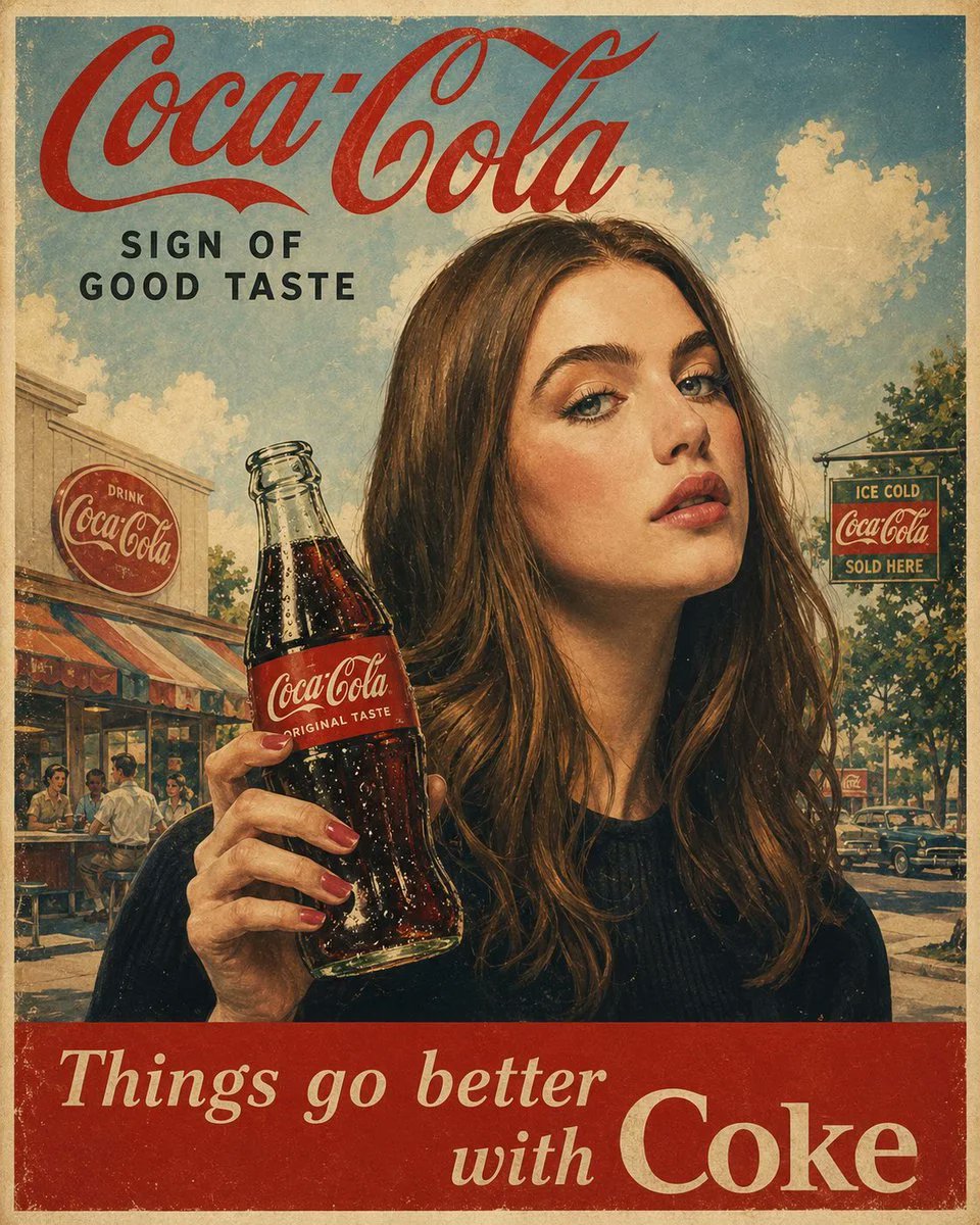 正宗1960年代美国广告海报, [COCA COLA], 复古中世纪商业插画, [woman]手持一瓶冰爽玻璃瓶[COCA COLA], 明快乐观的生活场景, 怀旧的美式风情氛围…