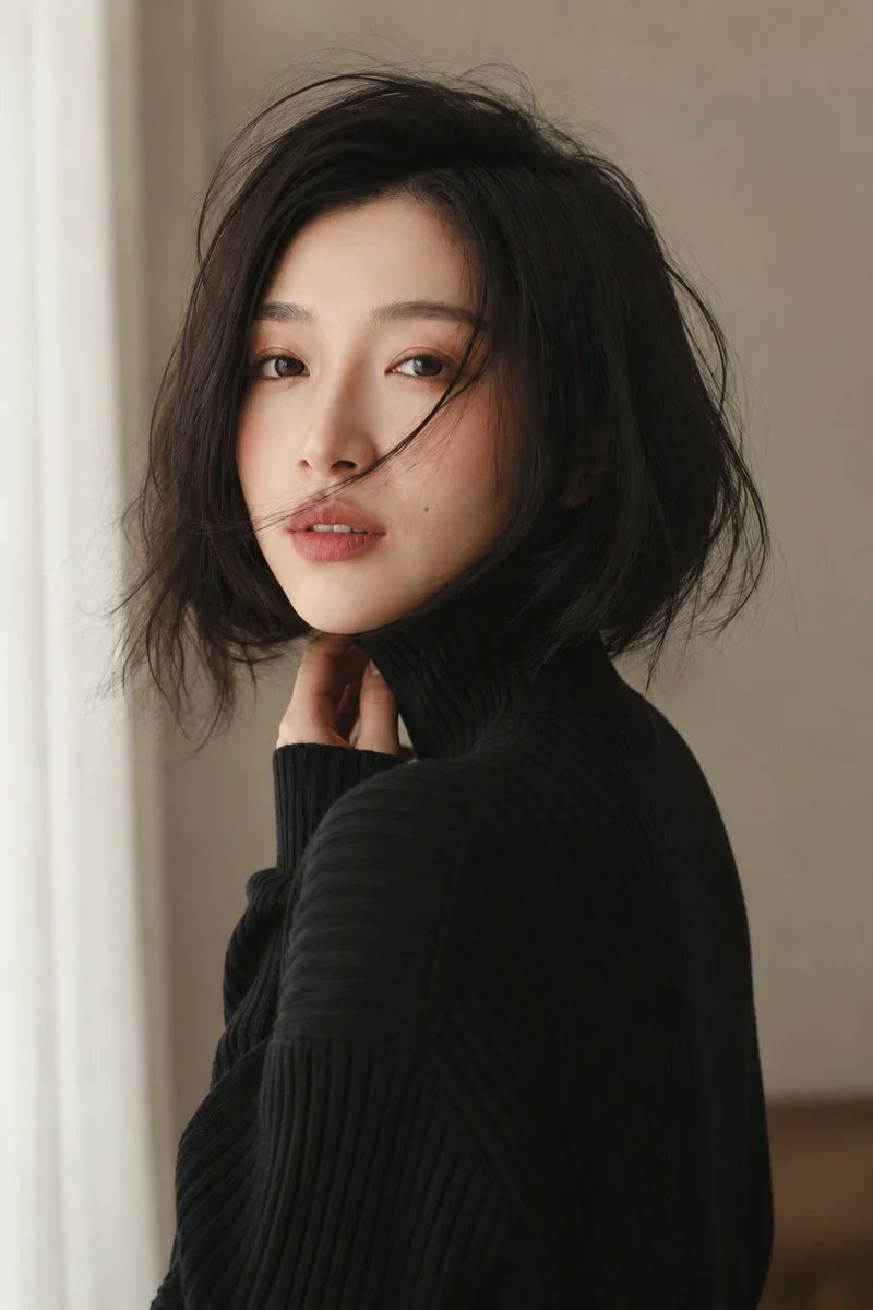 创作一张写实风格的竖版特写美妆时尚肖像,风格柔和极简,适合室内拍摄。画面中是一位东亚成年女性,构图范围从她的上半身延伸至头顶;她位于画面中心略偏右侧,背景为温暖的米色墙面。她以柔…
