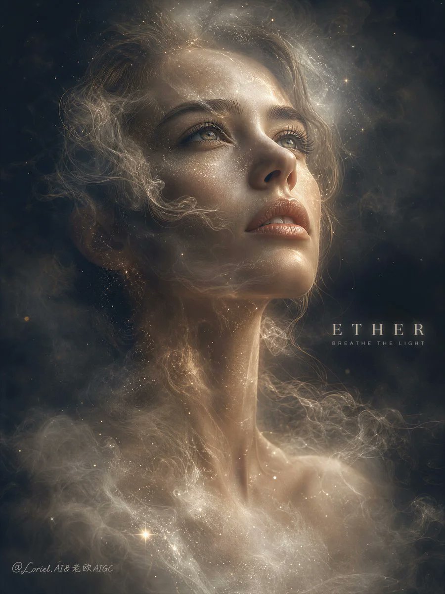 创作一幅超高端电影级社论肖像,呈现一位超逼真的女性,她的面部与身体正和飘渺烟雾、漂浮微尘、柔和星光及流动的半透明薄雾完美融合。图像须营造出梦幻感、情感张力与视觉沉浸感,具备极致写…