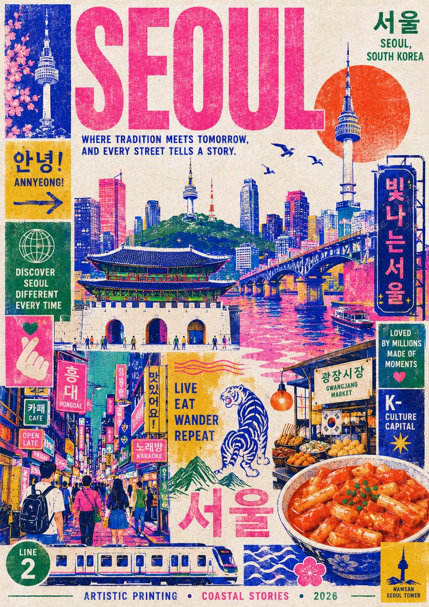 创作一张时尚现代的迪拜旅行海报,灵感源自孔版印刷(riso)风格。使用简洁的插画图像表现这座城市:广安大桥、海浪、海鸥、海滩遮阳伞、市场里的鱼篓、霓虹灯街牌以及一些小型抽象装饰人…