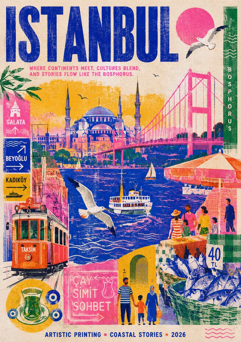创作一张时尚现代的迪拜旅行海报,灵感源自孔版印刷(riso)风格。使用简洁的插画图像表现这座城市:广安大桥、海浪、海鸥、海滩遮阳伞、市场里的鱼篓、霓虹灯街牌以及一些小型抽象装饰人…