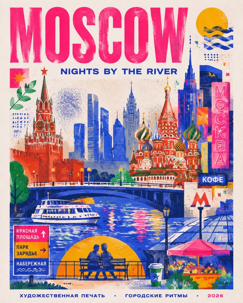 创作一张时尚现代的迪拜旅行海报,灵感源自孔版印刷(riso)风格。使用简洁的插画图像表现这座城市:广安大桥、海浪、海鸥、海滩遮阳伞、市场里的鱼篓、霓虹灯街牌以及一些小型抽象装饰人…