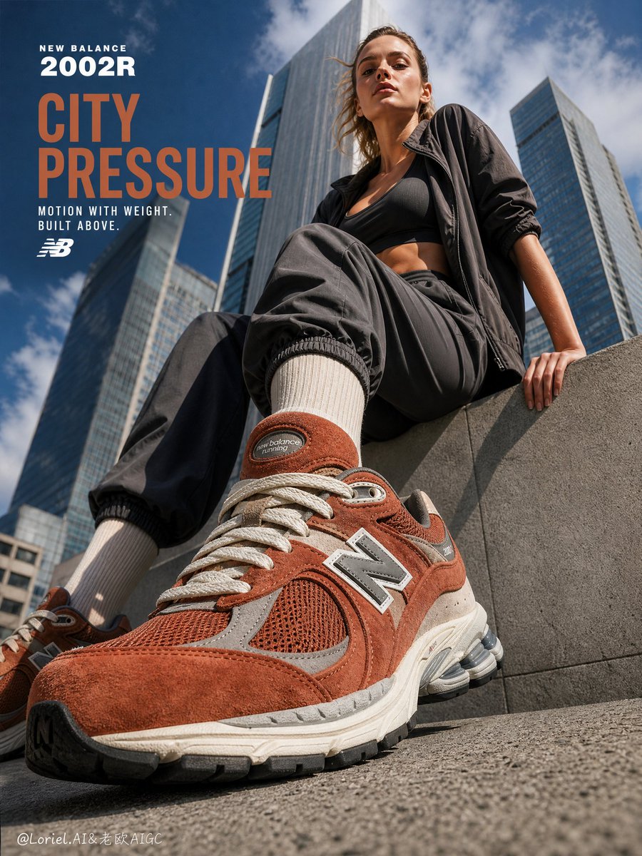 通用体育广告,网红风格,廉价街头服饰营销活动,错误的 New Balance 鞋型,仿造厚底运动鞋,塑料材质,劣质麂皮质感,薄弱的网面细节,拥挤的城市街道,过多道具,混乱的交通…