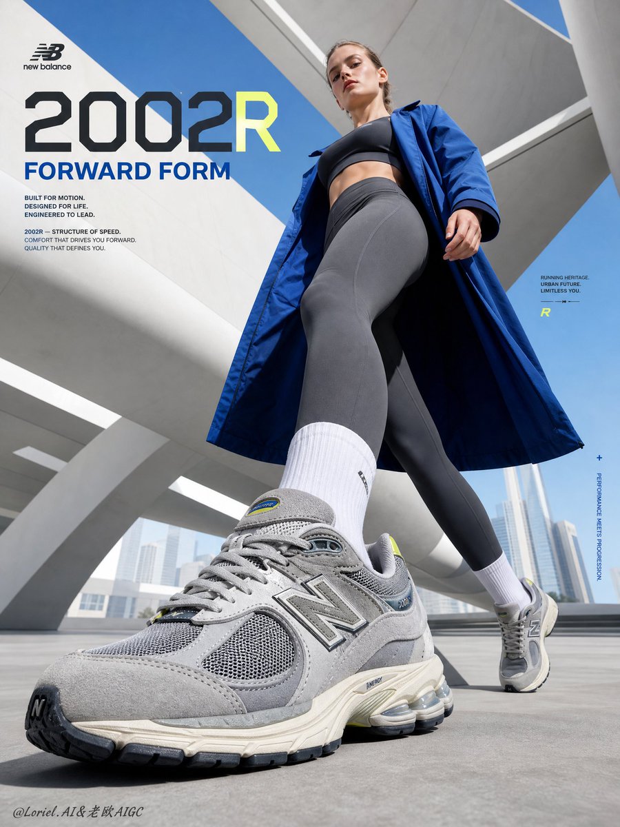 通用体育广告,网红风格,廉价街头服饰营销活动,错误的 New Balance 鞋型,仿造厚底运动鞋,塑料材质,劣质麂皮质感,薄弱的网面细节,拥挤的城市街道,过多道具,混乱的交通…