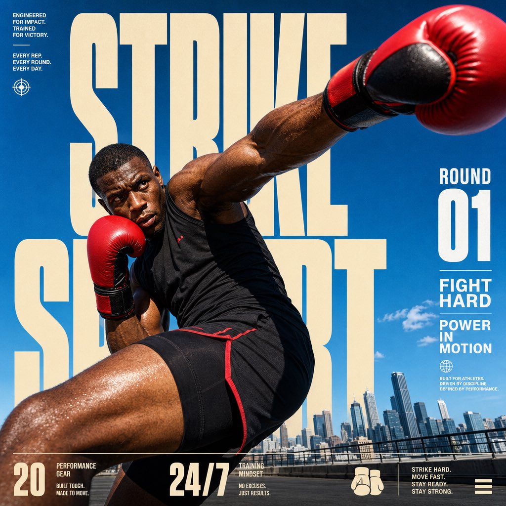 为STRIKE SPORT创建一张4:5全出血版编辑动感海报。该品牌的视觉识别必须具备以下可见特征：一张明亮的户外照片，开阔晴朗的天空占据画面大部分区域；巨大…
