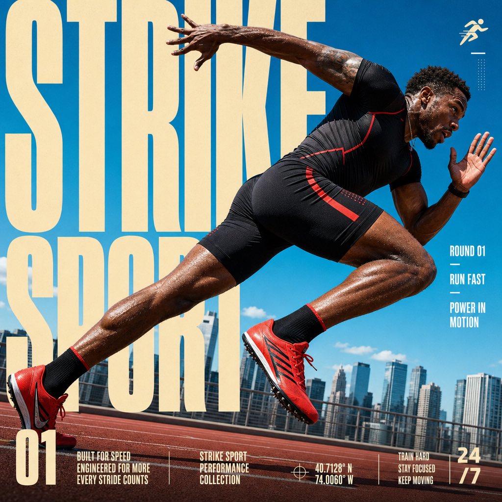 为STRIKE SPORT创建一张4:5全出血版编辑动感海报。该品牌的视觉识别必须具备以下可见特征:一张明亮的户外照片,开阔晴朗的天空占据画面大部分区域;巨大的暖奶油色超压缩粗体…