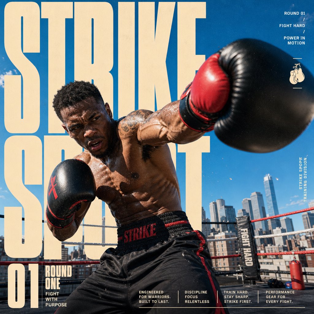 为STRIKE SPORT创建一张4:5全出血版编辑动感海报。该品牌的视觉识别必须具备以下可见特征:一张明亮的户外照片,开阔晴朗的天空占据画面大部分区域;巨大的暖奶油色超压缩粗体…