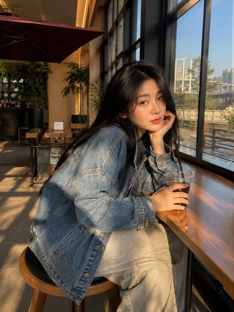 超现实生活风格人像:一位美丽的年轻女子侧身坐在现代室内咖啡馆的木凳上,回头望向镜头,神情平静而略带沉思。乌黑长直发带有柔和光泽,白皙肌肤,淡妆,玫瑰色嘴唇,宽松披垂的超大蓝色牛仔…