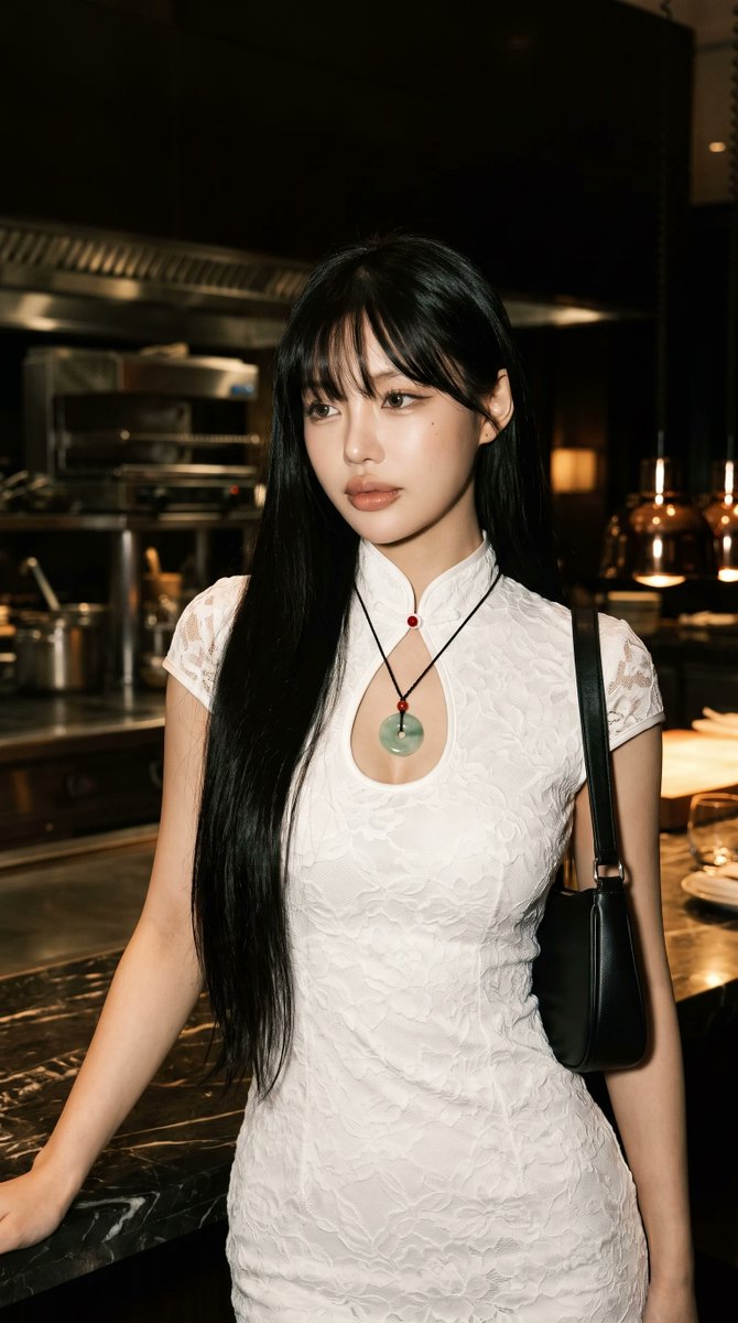 超写实肖像:一位优雅的年轻东亚女性,夜晚站立在一家豪华现代餐厅内。 她拥有一头柔顺如丝的乌黑长发,带有柔和的齐刘海,笔直的发丝垂至腰下;瓷白细腻的肌肤带有微微…