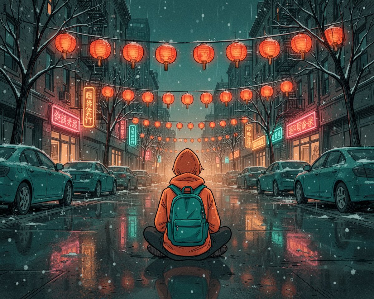 绘本风格的城市夜景插画:一个孤独的年轻人背影,盘腿坐在潮湿的城市街道中央,身穿亮橙色连帽夹克,背着青蓝色双肩包,面向远方灯火通明的大道。街道上空成排悬挂着温暖的红橙色纸灯笼,霓虹…