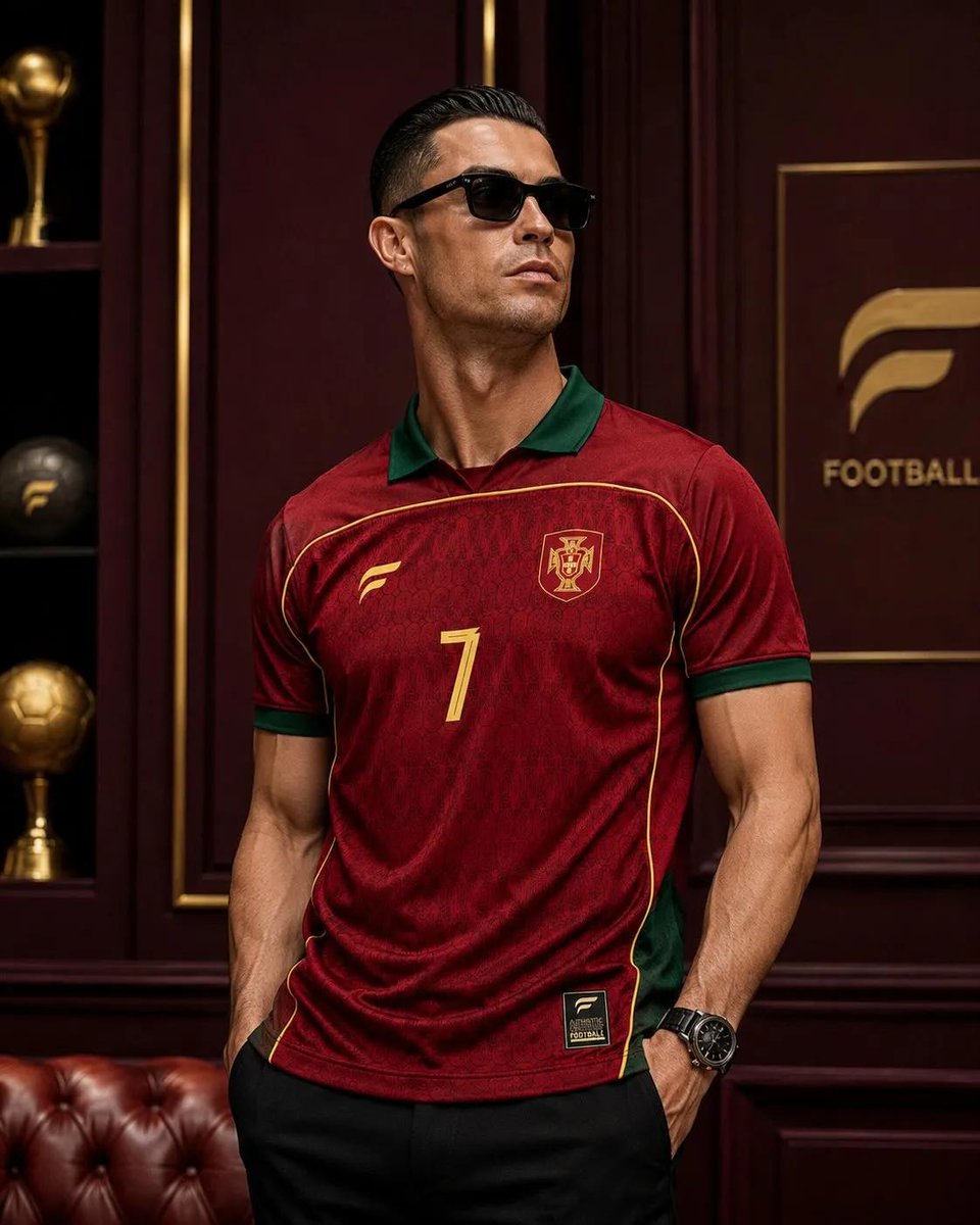 超写实电影级时尚大片,主角为 Cristiano Ronaldo,保留其可识别的面部特征、运动健硕的体格、利落的发型与自信的气场。他佩戴黑色矩形奢华墨镜,身着复古风格的深酒红色葡…