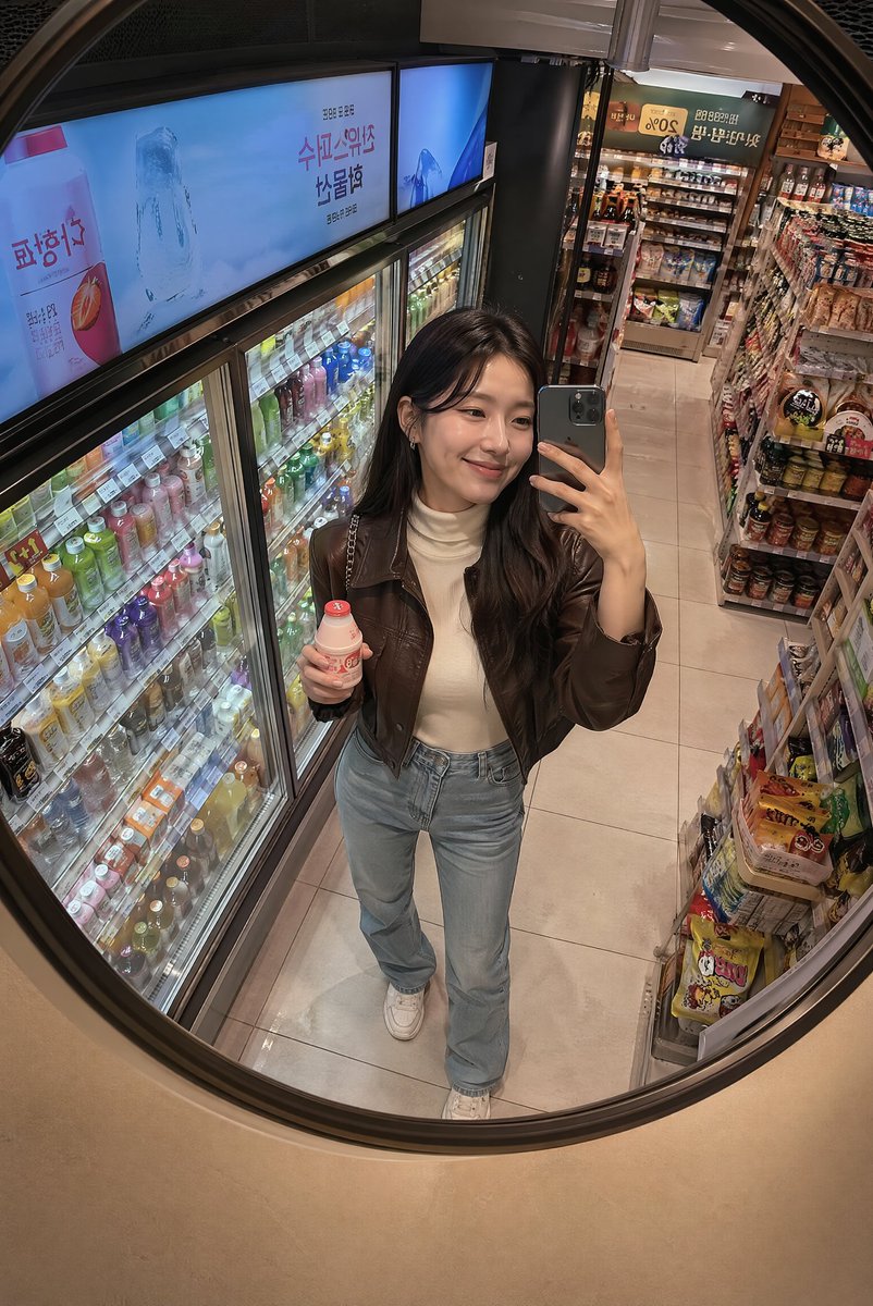 深夜韩国便利店镜面抓拍 创建一张逼真的生活方式照片，透过安装在韩国一家温馨便利店天花板上的一面大型凸面镜拍摄，场景为夜晚。画面中一位时尚的年轻韩国女性从略微抬…